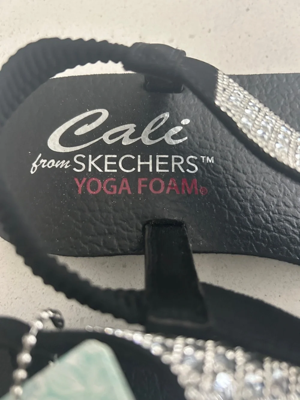Skechers Cali Rockstar Black Slingback T‑Strap Sandal with Silver Rhinestones - Picture 2 of 7
